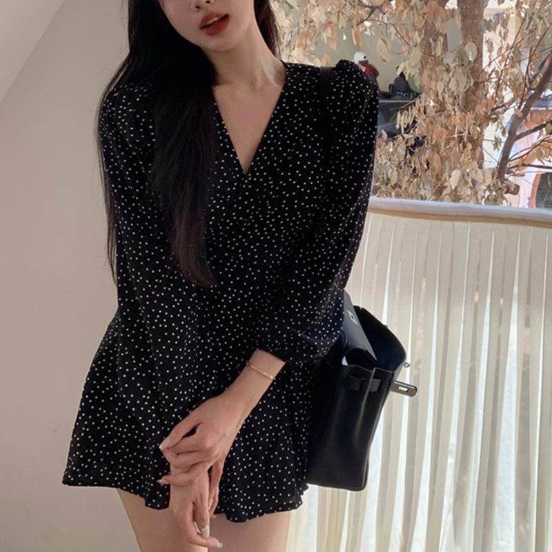 

Черное платье в горошек Осеннее новое французское ретро нежное морское отпускное платье в стиле чайной паузы темперамент короткая юбка XL