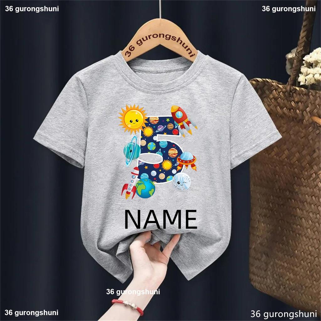 Personalized Name Space Aerospace Rocket 3rd/4th/5th Birthday Print T-Shirt Boys Children'S Shirt Space Birthday Party Gift Tees