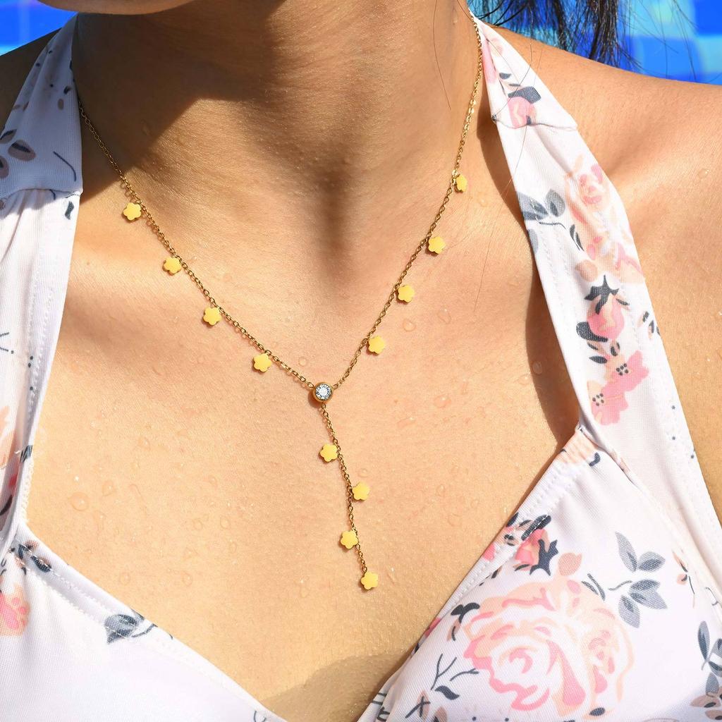 Wind Niche Summer Stainless Steel Flower Zircon Y-Shaped Necklace 18K Gold, Jewelry Nc-2425