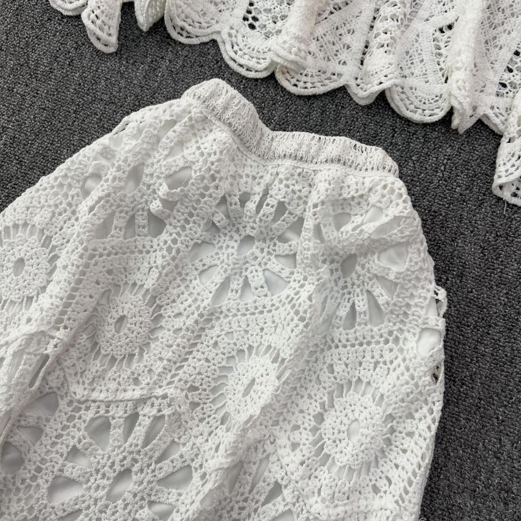 DIMANAF Neue 2025 Rock Anzug Frauen Stricken Strand Kurzarm Spitze Aushöhlen Sexy Oansatz Hohl Sommer Stil Tops Tees lose Grundlegende