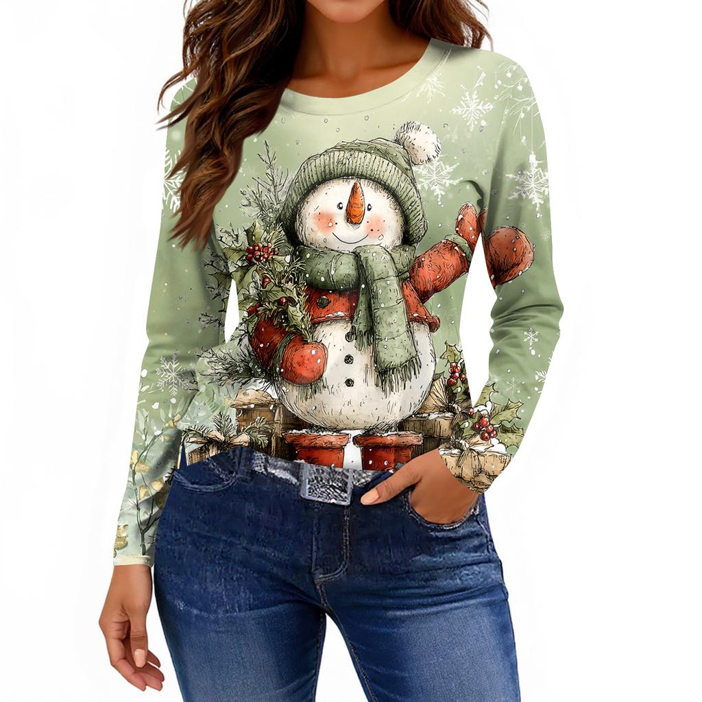 Women's Fashion Casual Slit Hem Round Neck Long Sleeve Loose Printed T-Shirt Ladies Top