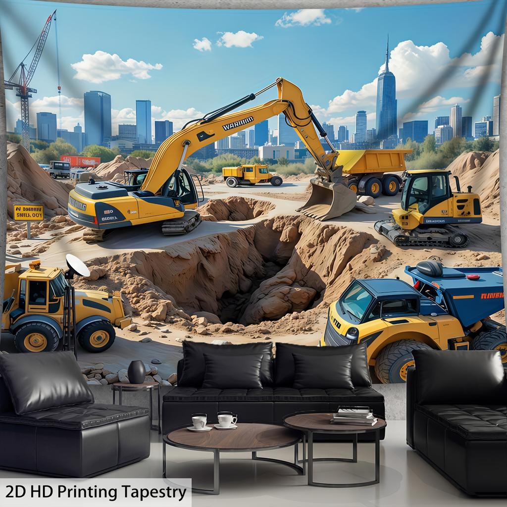 Construction Site Tapestry, Excavators and Dump Trucks Working, City Building Scene Wall Art for Kids Room Living Room Decor