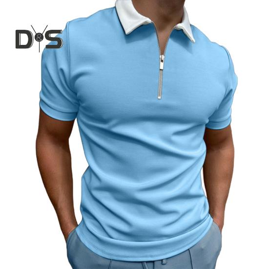 Pánské tričko s krátkým rukávem a zipem, jednobarevné, s klopou, ležérní, slim fit, letní top na dovolenou, do práce, sport