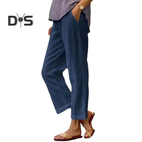 

Женские брюки средней посадки с эластичной резинкой на талии, однотонные прямые широкие повседневные брюки с карманами M темно-синий