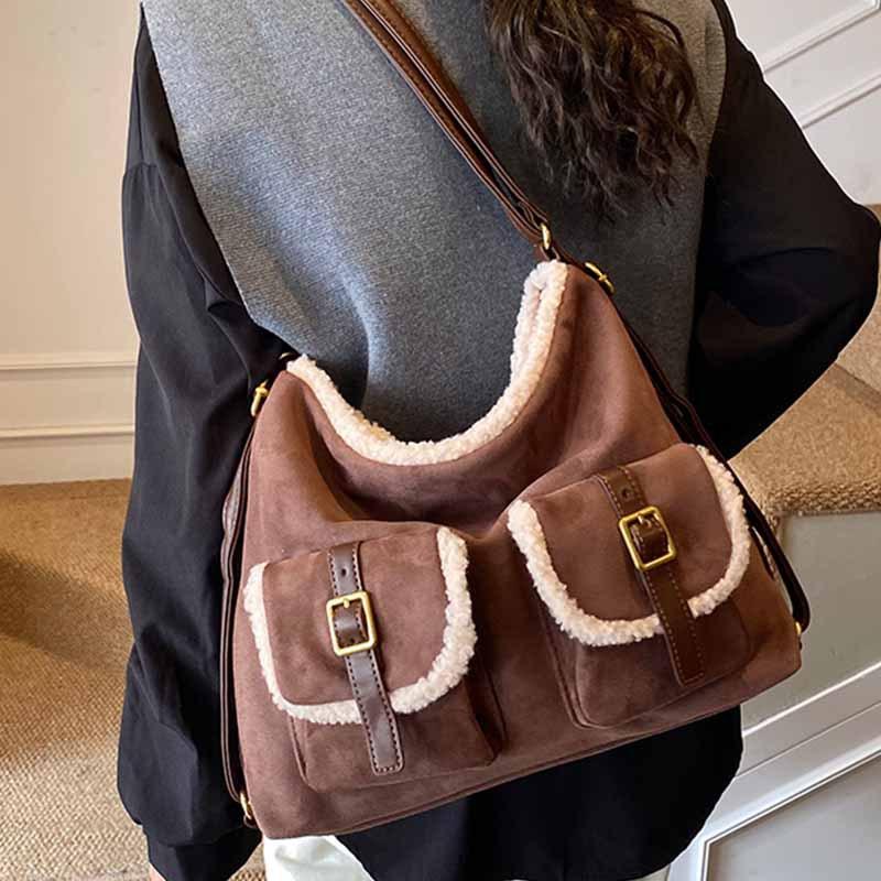 Autumn and Winter Retro Suede Tote Backpack Women's Bag 2025 New Large-capacity Lamb Wool Splicing Shoulder Bag
