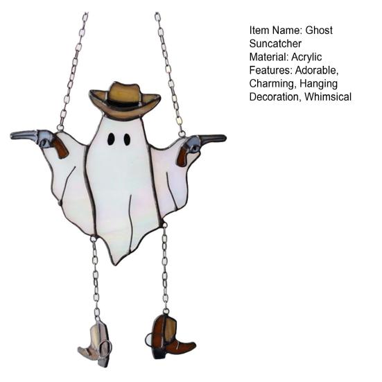 Halloween Ghost Suncatcher Stained Glass Acrylic Window Hanging Light Catcher Cute Cowboy Ghost Decoration for Home Office Kitchen Living Room Wall