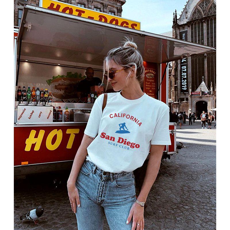 American Vintage Sports Style Surfing Girl Print Pure Cotton Younger Leisure Short Sleeve T-shirt Women