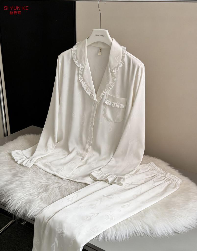 French jacquard ice silk high-end light luxury pajamas women's spring and autumn long-sleeved trousers set lapel lace loungewear
