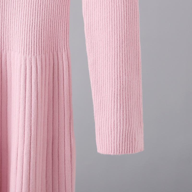 Women Autumn Winter High Neck Long Sleeve Solid Color Slim Knit High Waist Chic Dress