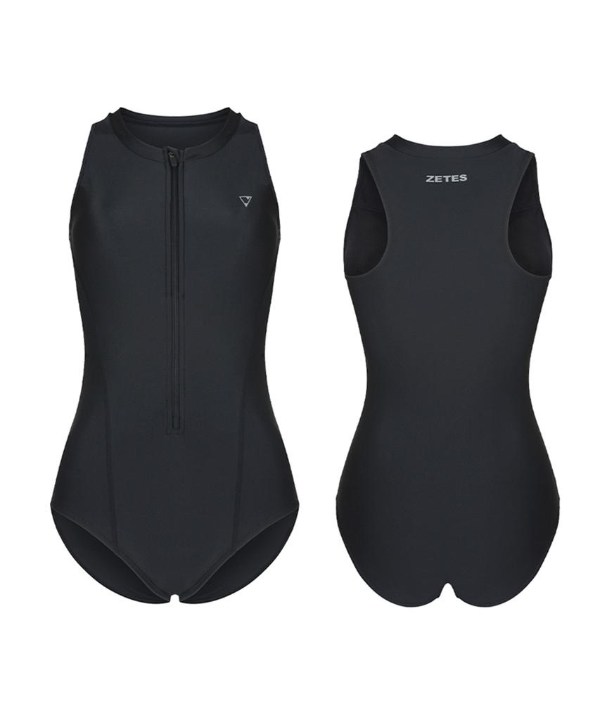 Jeteseu Women'S Motion Fit Zip-Up One-Piece Swimsuit Black Pearl L_4A513