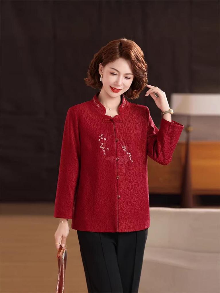 2026 Festive Tang Suit Shirt for Middle-Aged and Elderly Women: Grandma's Versatile Autumn Nine-Point Sleeve Chinese Style Top