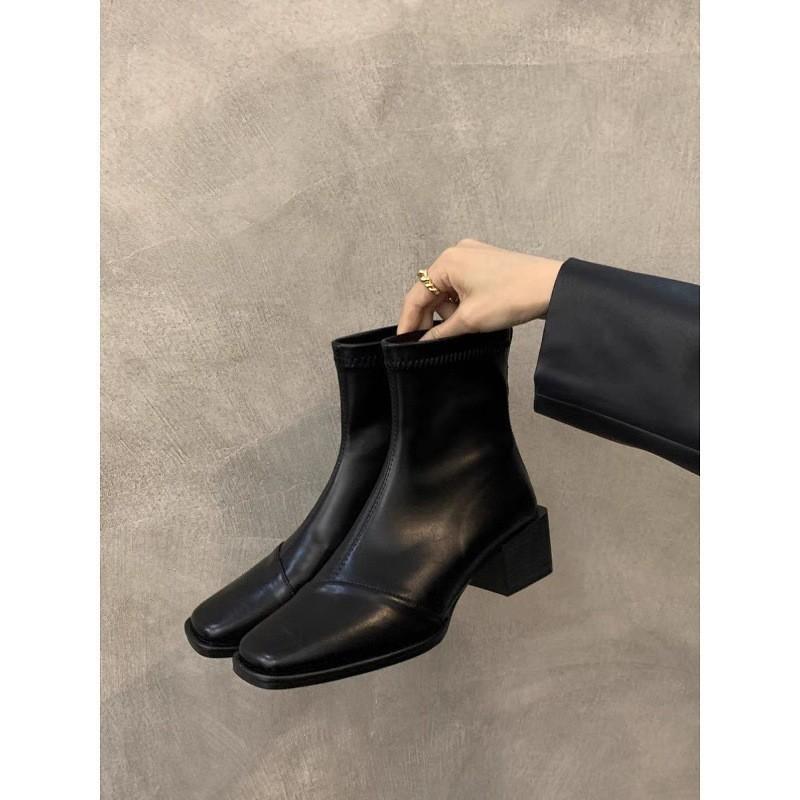 High Heel Square Head Skinny Boots Small Short Boots 2025 French Small Ankle Boots Brown Martin Boots