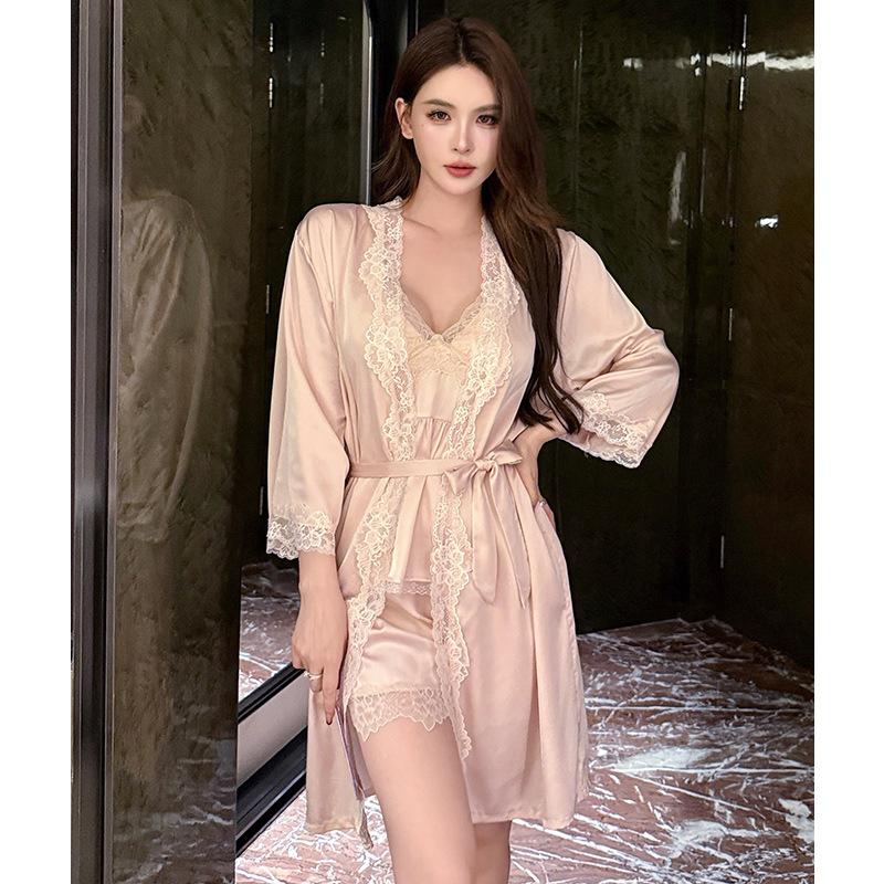 1011 New Ice Silk Sexy and Charming Pajamas Three-piece Thin Breathable Homewear Women's Premium Pajamas