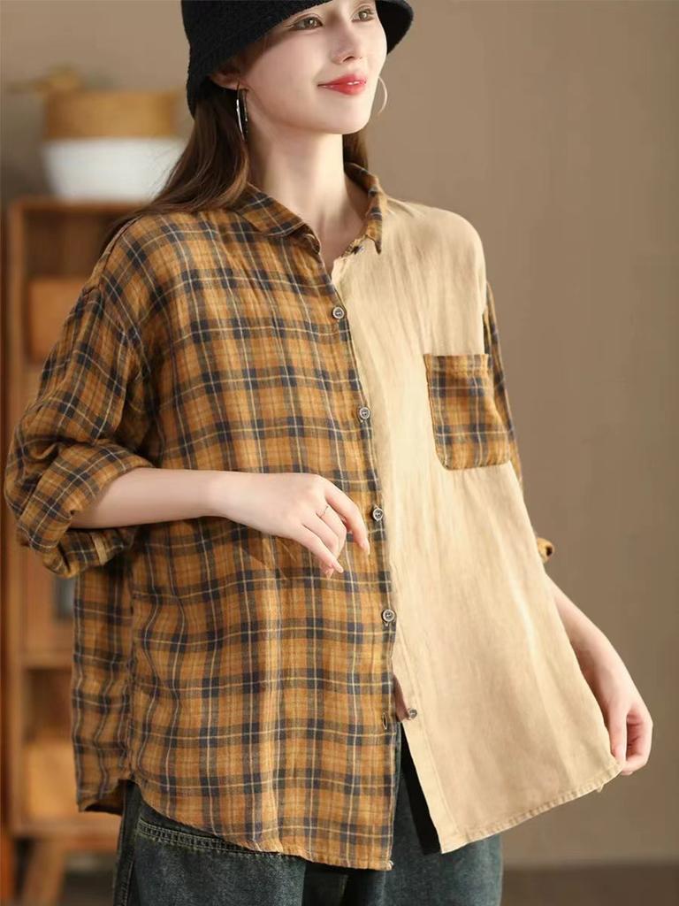 Johnature Woman Autumn Vintage Check Urn Down Collar Shirt Matching Single Breasted Long Sleeves Shirt