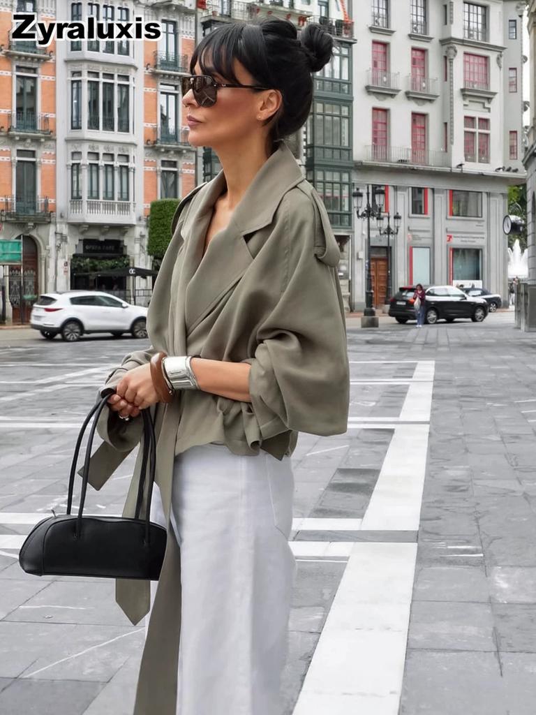 Autumn Vintage Green Casual Loose Waist Tapered Belt Temperament Commute Windbreaker Jacket for Women High-End Feeling