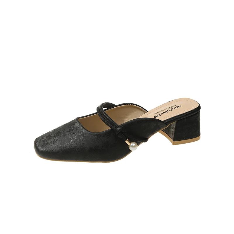 Baotou Half Slippers Female Summer Outdoor Slides Square Toe Chunky Heel High Heels Sandals Mule Slippers Pearl Decor Dress Shoe