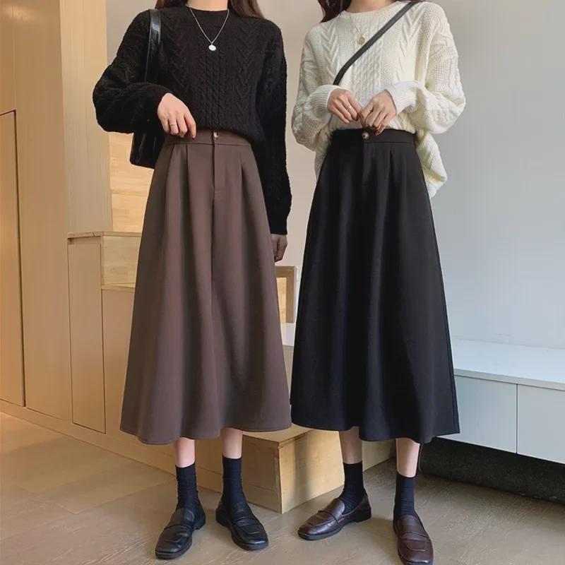 Women's Brown High-Waist A-Line Skirt: Thick, Slimming, Hip-Covering Medium-Length for Autumn and Winter