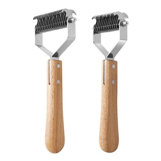 Pet Grooming Rake, Double Sided Detangling Comb Undercoat Rake, with Wooden Handle, Dogs Dematting Tool Remove Tangles Matted And Loose Fur for Medium