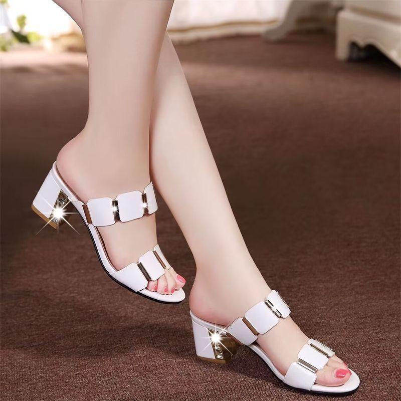Thick heel cool slippers summer fashion new outer wear medium heel one-word button drag women's sandals women