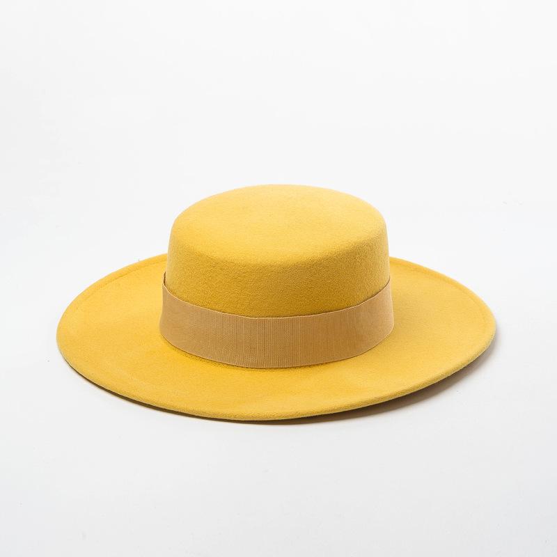 Autumn and Winter New Woolen Flat Top Hat Shopping Casual Fashion Webbing Decorative Felt Flat Top Hat