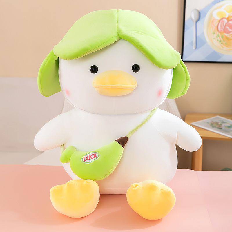 Cute Duck Plush Toy With Green Hat Soft Stuffed Duck Plushie Doll With Banana Bag Animal Pillow For Gift Cute Cushion Toy