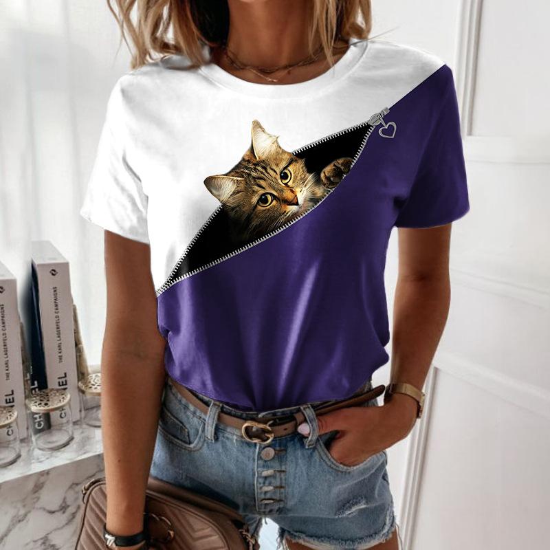 Women's Summer Loose 3D Printed Floral Round Neck Pullover Short Sleeved Top T-shirt