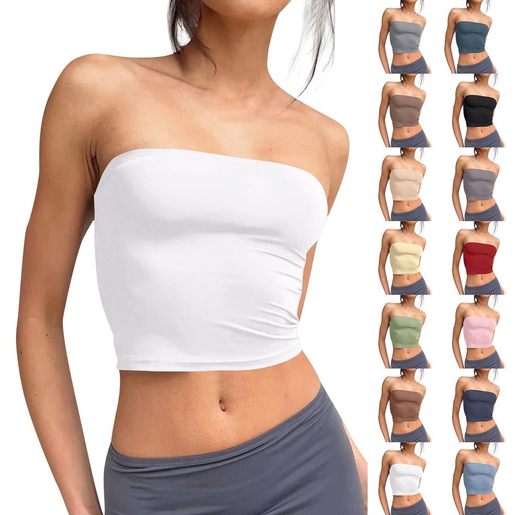 Women's Sleeveless Solid Color Women's Bandeau Tops Strapless Navel Tops Basic Backless Bandeau Cute Summer