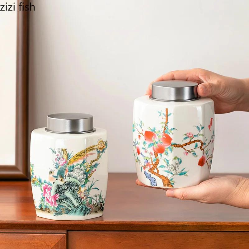 Retro Hand Painted Ceramic Tea Jar Tea Box Alloy Cover Sealed Moisture Proof Jar Tea Canister Candy Jar Household Teas Container