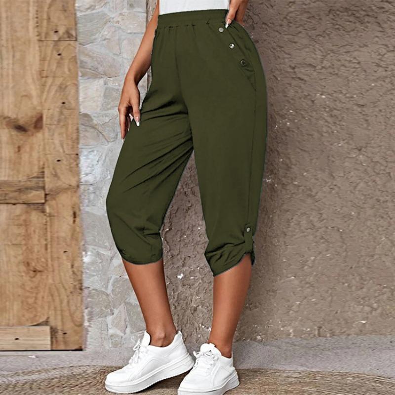 Women's Cropped Trousers with Pockets and Elastic Waist, Summer Buttons