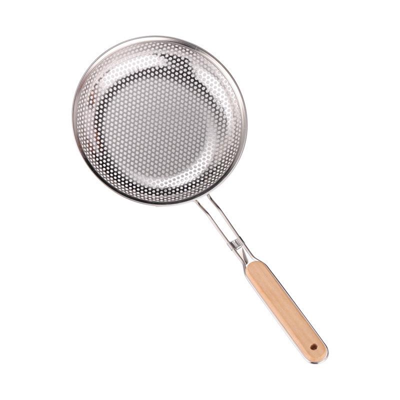 Wooden Handle Stainless Steel Perforated Oil Skimmer Ladle for Dumplings and Noodles - Thickened Frying Spoon Strainer.