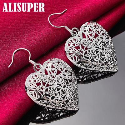 925 Sterling Silver Hollow Heart Flower Earrings Jewelry