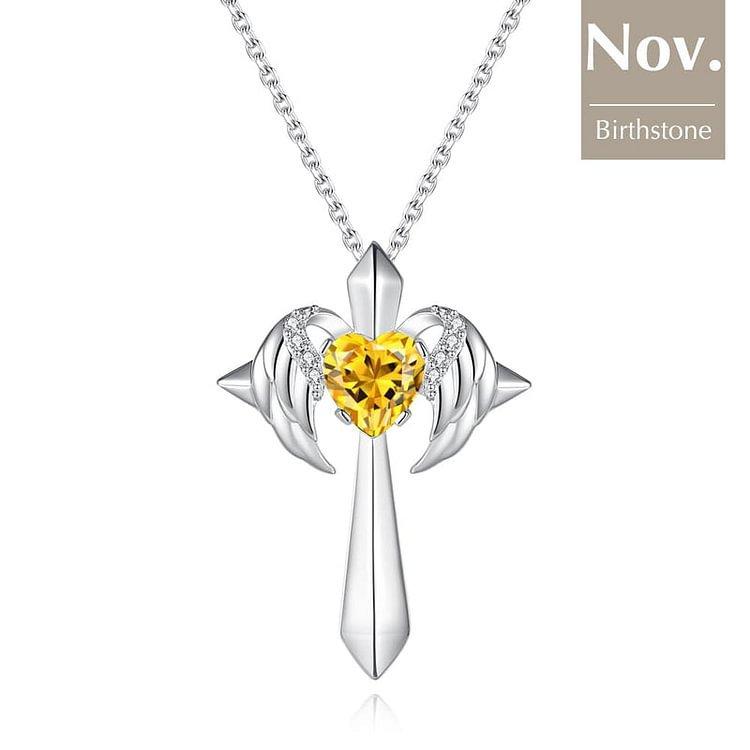 Colier Nou cu Pandantiv Cruce Aripă de Înger, Modă Femei, Colier cu Piatră Natală în Formă de Inimă, Cadou