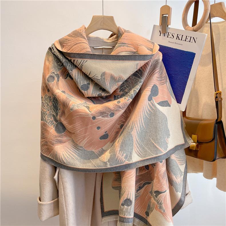 

2024 Осень/Зима Новый утолщенный теплый двухсторонний двухцветный шарф из искусственного кашемира с кисточками, высококачественный воротник-шаль 180x65cm розовый