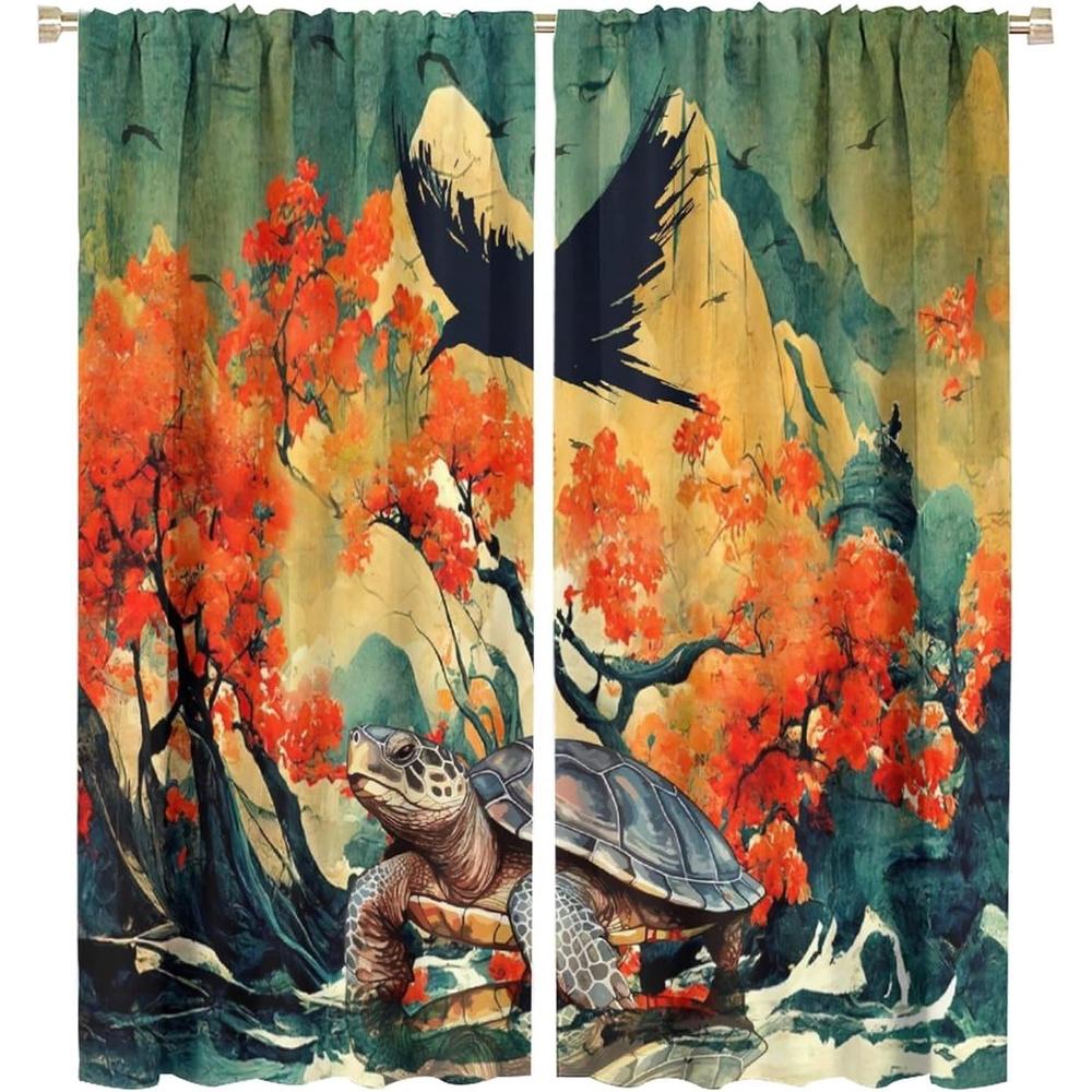 

Panels Japanese Landscape Sea Turtle Cherry Blossoms Curtains Thermal Insulated Window Drapes Mount Curtain With Light Blocking Polyester W100*H70(CM)-Hooks&1PCS