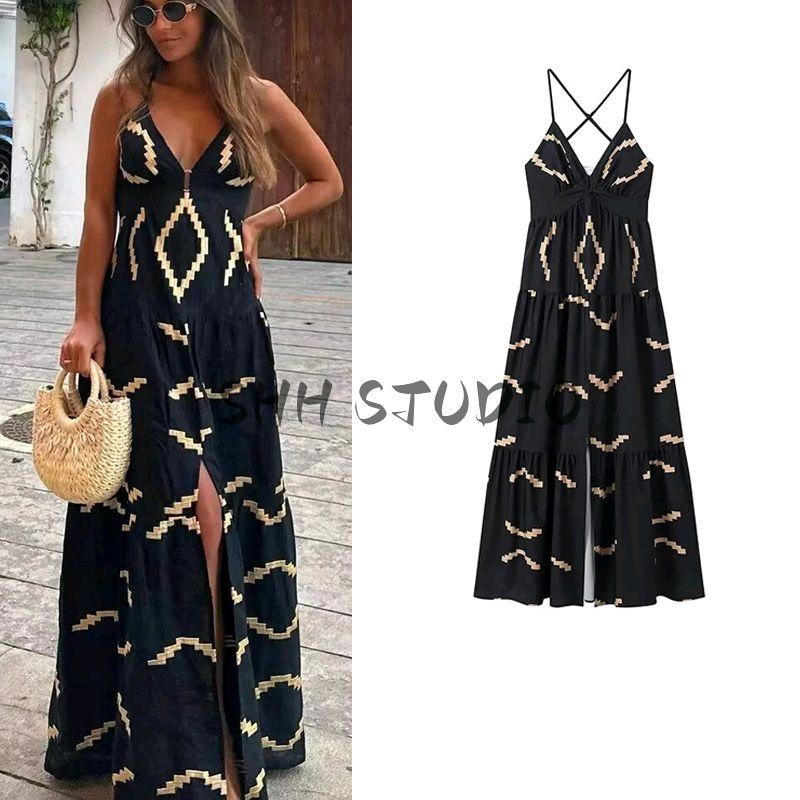 Spring and Summer New Women's Clothing Seaside Vacation Style V Neck Sleeveless Backless High Waist Split Long A- line Dress
