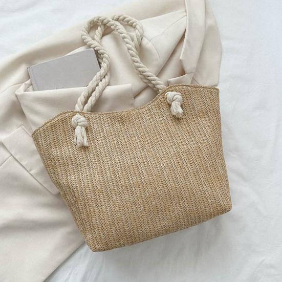 Women Straw Shoulder Bag Large Capacity Tote Bag Zipper Closure Casual Beach Bag for Daily Outings Travel Vacation Work