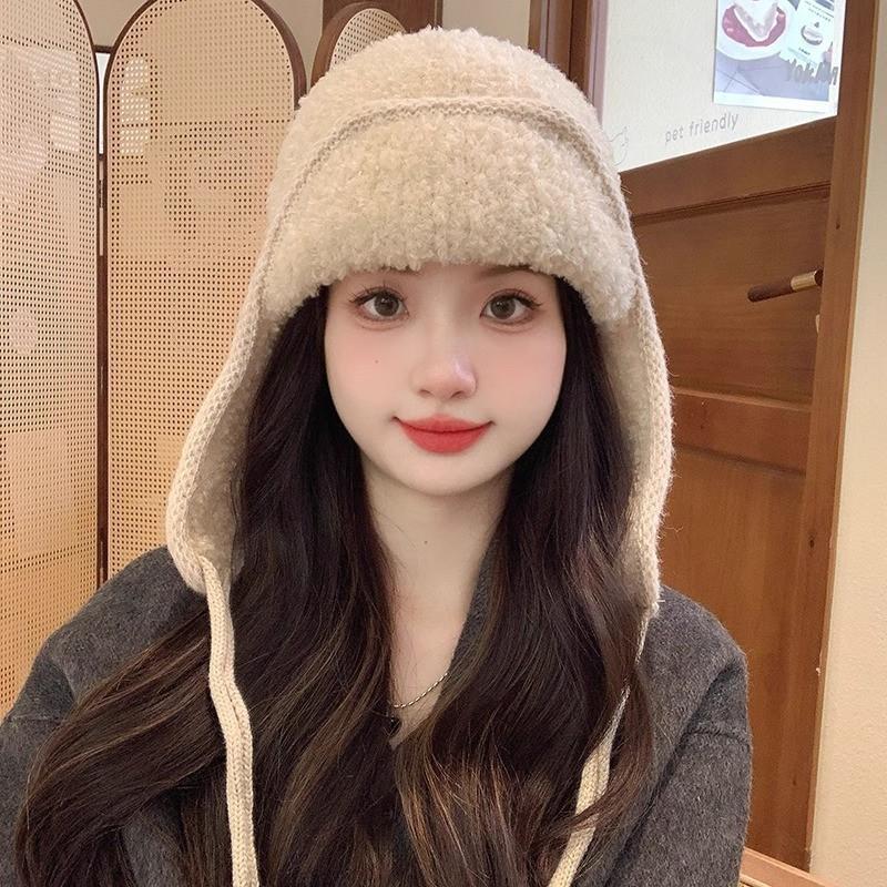 Solid Color Winter Warm Knitted Beanies Women Warm Woolen Japanese Hat Pile Caps Ear Protection Tie Pullover Hat Bomber Hats