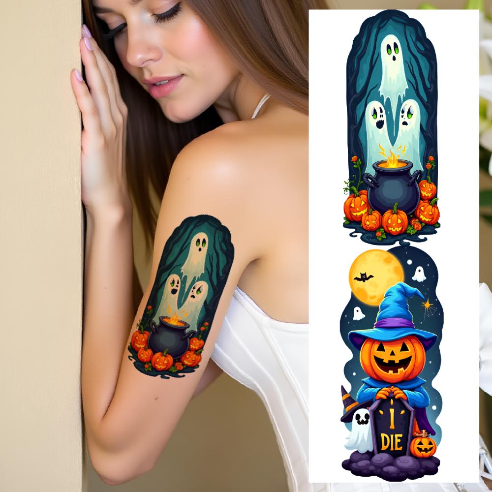 12pcs Temporary Tattoo Witches Temporary Tattoo Stickers Cats Haunted House Halloween Cauldron For Shoulders Children Cheeks