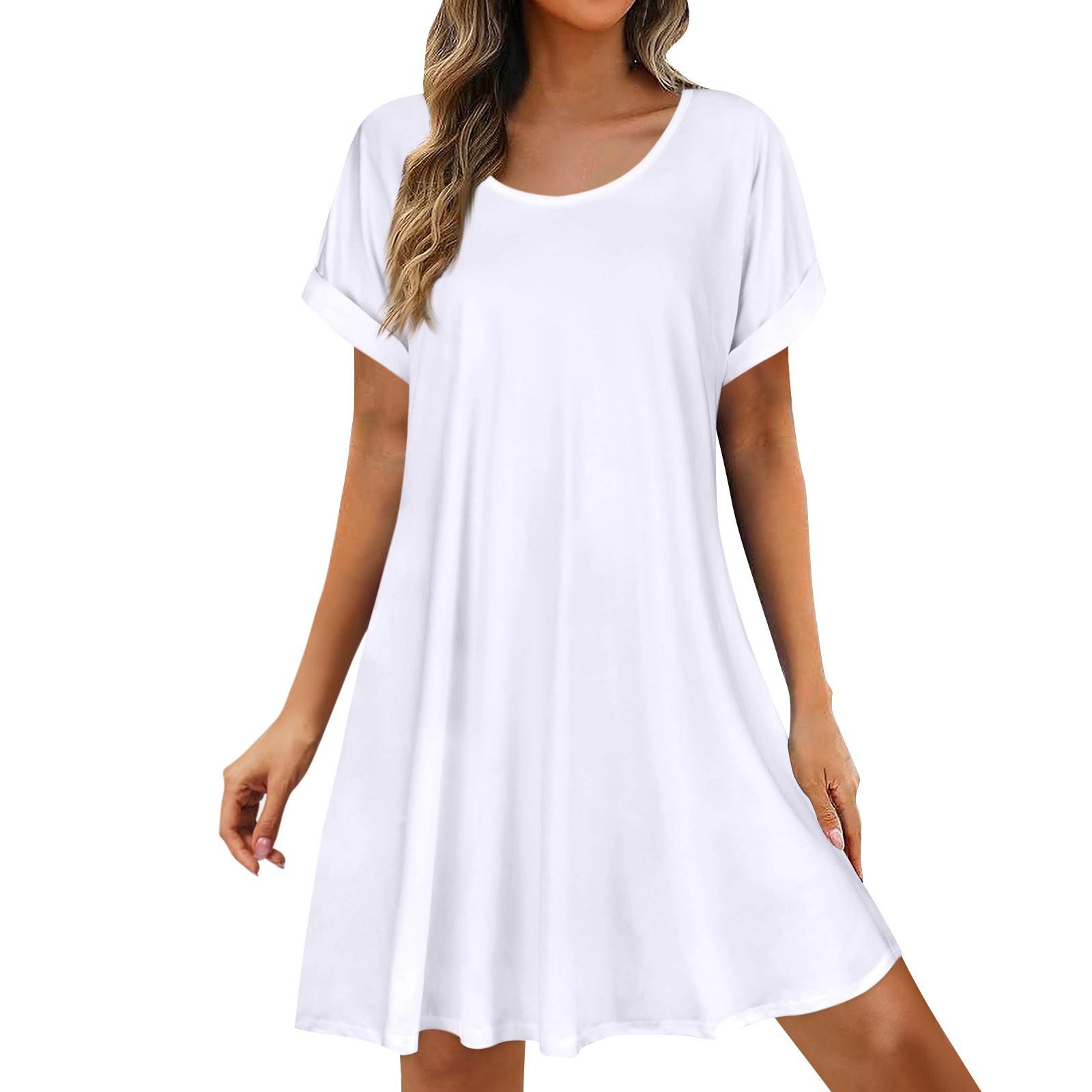 

Женские летние платья с коротким рукавом, повседневное пляжное платье-футболка с круглым вырезом, свободное платье-халат L белый