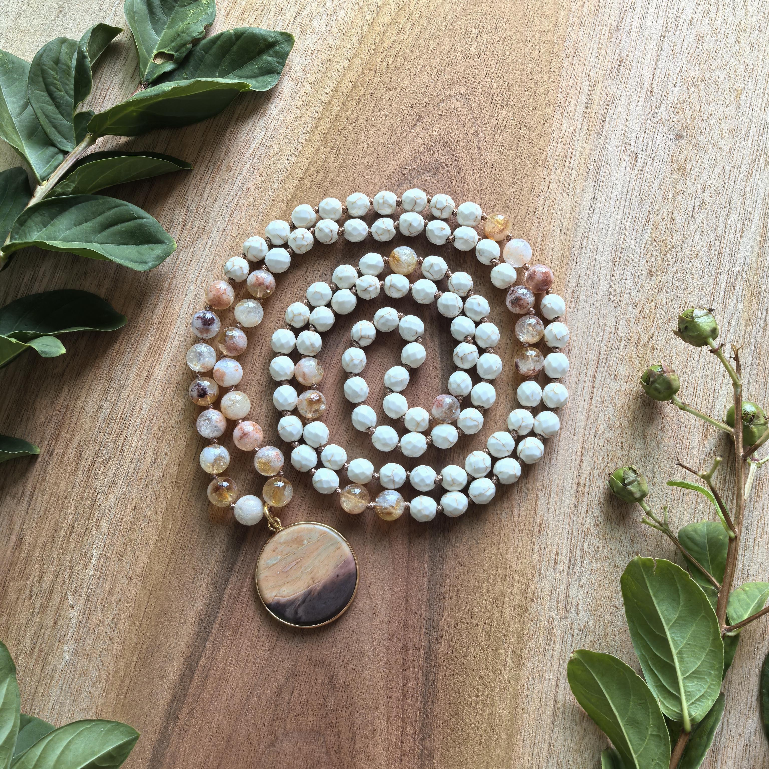 Citrine Mala with Flower Onyx Pendant,108 Hand Knotted Meditation Beads,Healing Crystals Yoga Necklace,JapaMala Gift