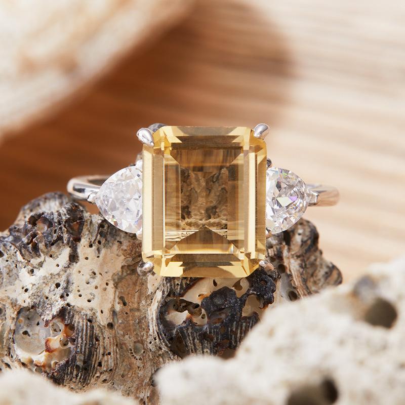 Natural Color Treasure Citrine Amethyst Ring Women'S S925 Sterling Silver Index Finger Ring Xiaohongshu Earrings