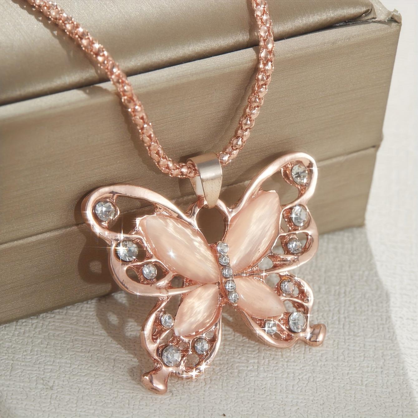 

Elegant Butterfly Pendant Necklace – Synthetic Zirconia with Rose Gold Finish, Stainless Steel, Shiny Daily & Party Jewelry, Perfect Gift for Her
