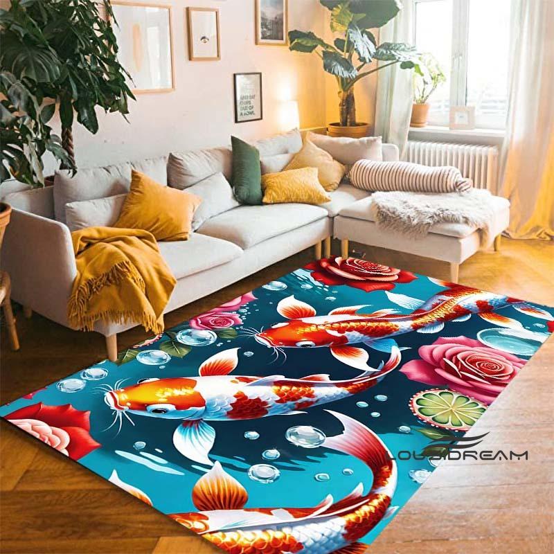 Tappeto Cartoon Lussuoso Pesce Koi Fortunato Yin Yang Carpa per Camera da Letto Soggiorno Divano Tappetino d'Ingresso Casa, Tappetino Pavimento Grande Antiscivolo per Bambini