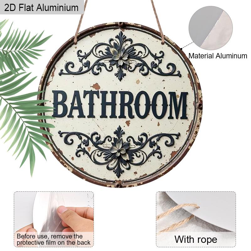2D Flat Aluminum Rustic Bathroom Sign for Door - Vintage Farmhouse Wall Decor, Round Aluminum Metal Hanging Plaque, Shabby Chic Faux Embossed