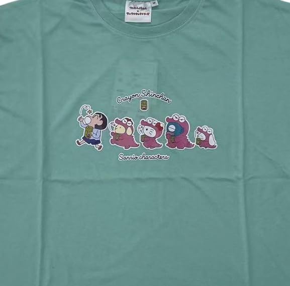 Sanrio Повседневная футболка с коротким рукавом в коллаборации Crayon, с изображениями Hello Kitty, Hangyodon, Pompompurin, Cinnamoroll, и Шин-чана из Crayon Mint.
