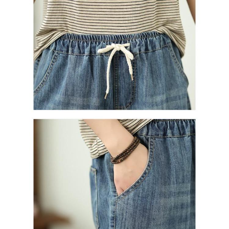 Sommer Damen Übergröße Hohe Taille Lockere Jeans Vintage Stickerei Haremshose Elastischer Bund