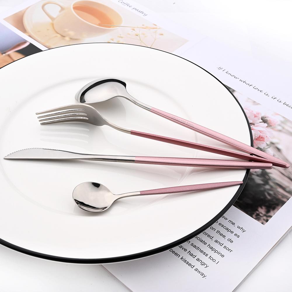 Drmfiy Pink Silver Stainless Steel Dinnerware Set Fork Knife Soup Ice Spoon Cutlery Set Western Flatware Kitchen Silverware Set