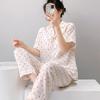 Spring Women's Cotton Short-Sleeve Pajama Set with Lapel, Long Pants, and Built-in Bra Pads for Indoor and Outdoor Wear