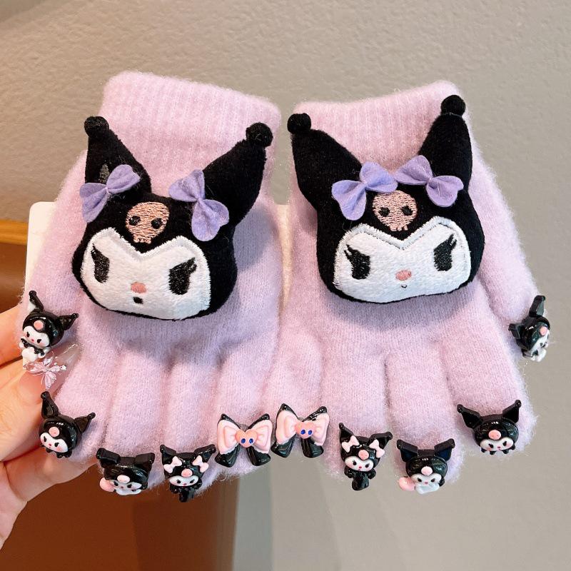 Girls' Kuromi Fleece-Lined Fingerless Gloves - Warm, Cold-Proof, Autumn/Winter Children's Accessories