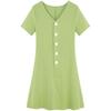 Summer new V-neck button short-sleeve dress, solid color, versatile elegant A-line skirt, slimming mid-length skirt